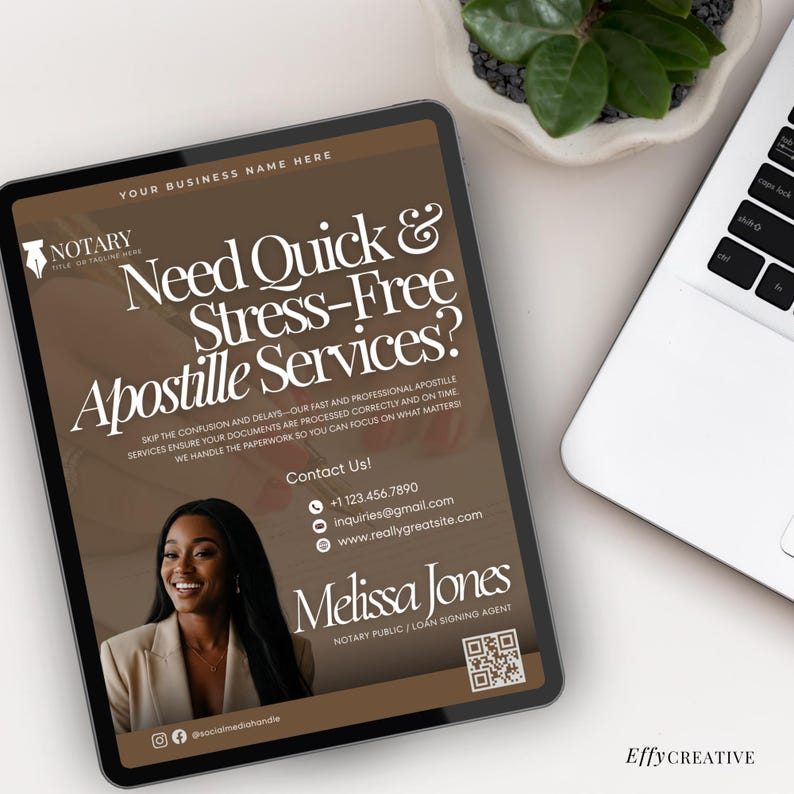 May include: A brown and white digital tablet with a business advertisement for apostille services. The ad features a woman with a warm smile, a phone number, email address, and website address. The text reads "Need Quick & Stress-Free Apostille Services?" and "Contact Us!"
