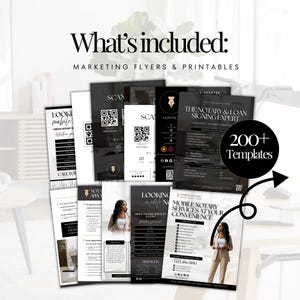 May include: A collection of black and white marketing flyers and printables. The text "What's included: MARKETING FLYERS & PRINTABLES" is at the top. The flyers include QR codes, contact information, and the text "200+ Templates".