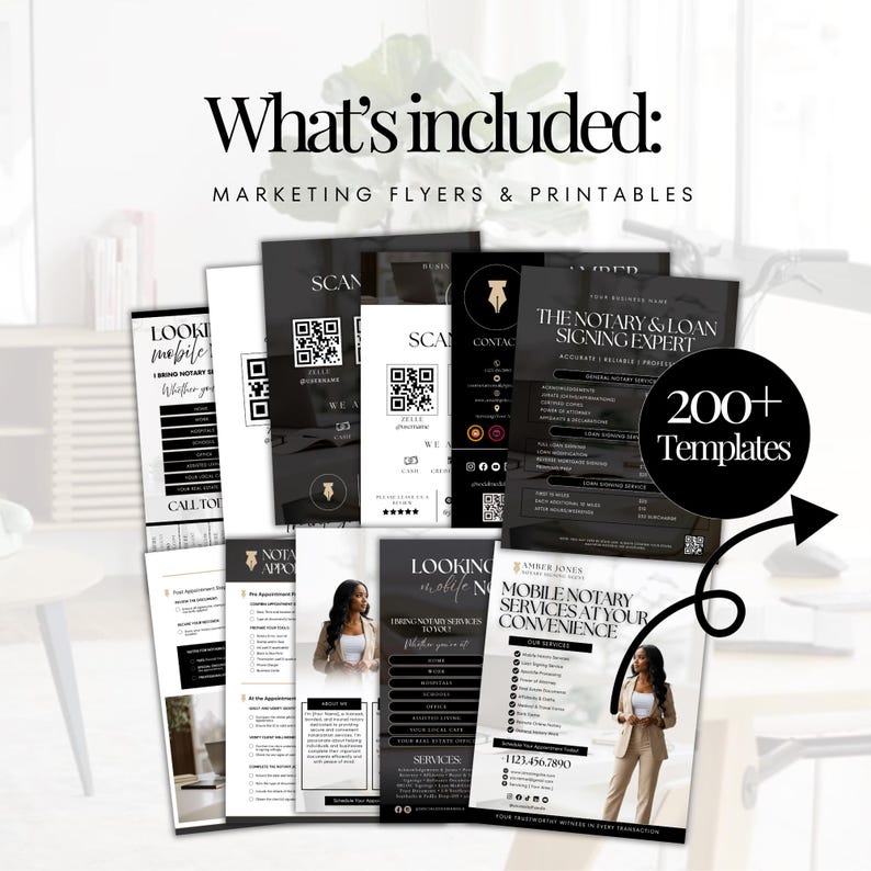 May include: A collection of black and white marketing flyers and printables. The text "What's included: MARKETING FLYERS & PRINTABLES" is at the top. The flyers include QR codes, contact information, and the text "200+ Templates".