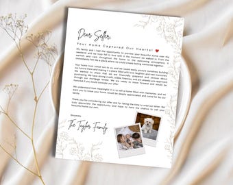 May include: A printed letter with floral accents and the text "Dear Seller" and "Your Home Captured Our Hearts!" Two small photos are included. The letter is on a white background with a soft, neutral fabric.