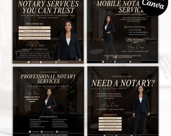 May include: A set of four digital flyers for notary services featuring a professional in a black blazer. The text includes Notary Services You Can Trust, Mobile Notary Service, Professional Notary Services, and Need A Notary, with contact details.