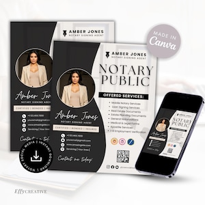 Puede incluir: Una tarjeta de visita en blanco y negro para una notaria pública llamada Amber Jones. La tarjeta presenta una foto de Amber Jones, su información de contacto y una lista de los servicios que ofrece, que incluyen servicios de notaría móvil, servicios de firma de préstamos, documentos inmobiliarios, documentos de planificación patrimonial, legalizaciones generales, formularios médicos y legales, servicios de apostilla y verificación de empleo I-9. La tarjeta también incluye un código QR e iconos de redes sociales.