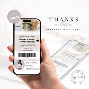 Carte numérique Merci un latte, texte de la carte-cadeau pour l'immobilier, carte-cadeau numérique pour le café, message texte de l'agent immobilier aux clients, appréciation du client