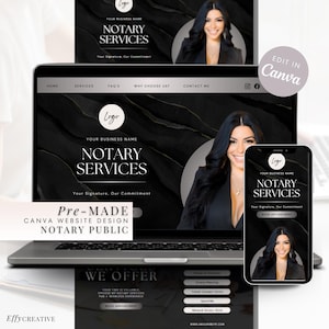 Puede incluir: Una plantilla de diseño de sitio web negro y dorado para un negocio de notario público. La plantilla presenta un fondo de mármol, un logotipo y el texto "Servicios notariales". La plantilla está diseñada para ser utilizada en una computadora portátil o un dispositivo móvil.