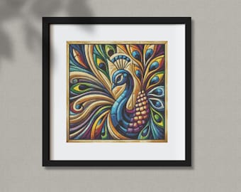 Art Deco Peacock Cross Stitch Pattern: Rainbow Embroidery Design (PDF Pattern)