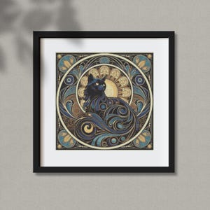 Art Deco Black Cat Cross Stitch Pattern: Art Nouveau Embroidery (PDF Chart Download)