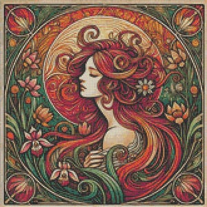 Mucha Art Nouveau Girl Cross Stitch Pattern: Downloadable PDF Chart
