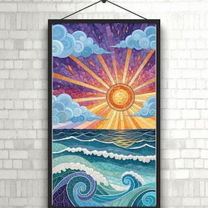 Patrón de punto de cruz de vitrales al atardecer: diseño moderno contado (gráfico descargable en PDF)