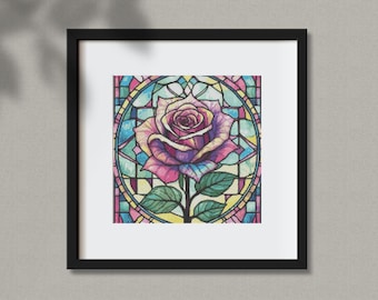 Stained Glass Rose Cross Stitch Pattern: Modern Floral Embroidery Design (PDF Pattern)