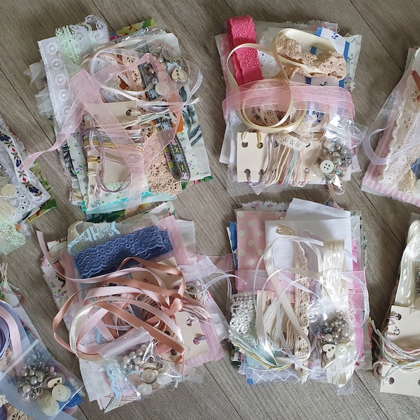 Slow stitching kit, slow stitching bundle, vintage fabric bundle, slow stitch kit, fabric scraps ribbons buttons, vintage fabric and lace