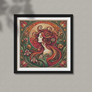 Patrón de punto de cruz de chica Art Nouveau al estilo Mucha: gráfico en PDF descargable