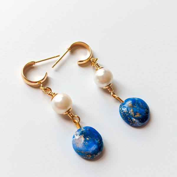 Polymer Clay Statement Earring/Gold Plated Hoops/Oval Stone/White Pearl/Gift for her/Modern Jewellery/Dangle Drop Earring