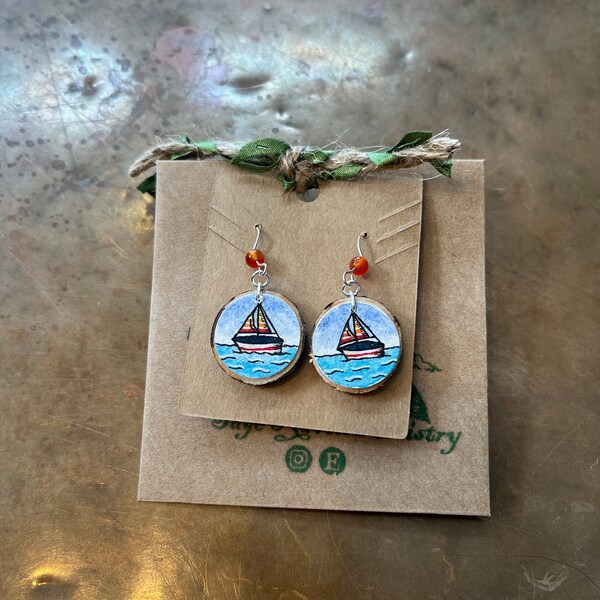 Sailin' Away Hand Painted Wooden Earrings