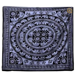 May include: Black and white tapestry with a mandala design featuring elephants. The mandala is surrounded by a border of elephants and flowers.