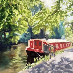 Original Oil Painting Giclee Print Canal Boat painting  Fine art Gift Signed by artist
