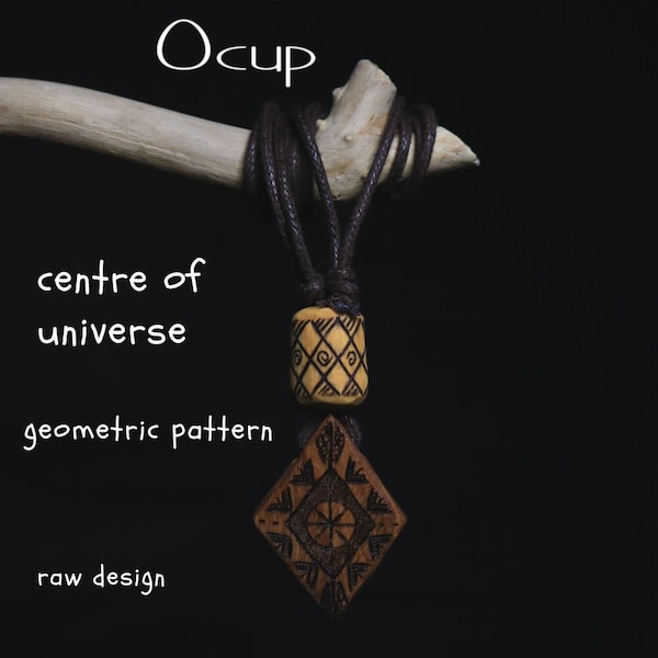 Complex wooden pendant,  Natural, Wood Necklace, Pyrograved pendant, Archaic jewelry,  ''Centre of universe''.