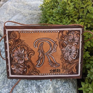 Custom tooled leather wedding bouquet wrap