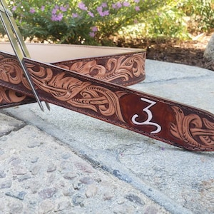 Custom cattle brand tooled leather belt