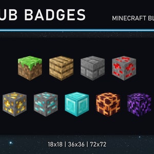 Puede incluir: Nueve insignias de bloques de Minecraft de diferentes tamaños, incluyendo 18x18, 36x36 y 72x72. Los bloques están dispuestos en tres filas de tres, con cada fila representando un tipo de bloque diferente: hierba, madera, piedra, redstone, oro, diamante, lapislázuli, netherrack y obsidiana.