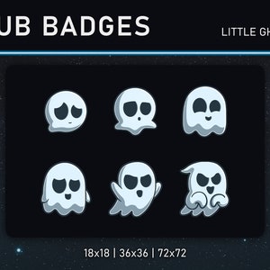 Puede incluir: Un conjunto de seis insignias de fantasmas de dibujos animados con diversas expresiones, con el texto "SUB BADGES" y "LITTLE GHOST". Las insignias son blancas y grises, con diferentes expresiones faciales. Tamaños: 18x18, 36x36 y 72x72 píxeles.