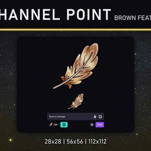 Peut inclure: Une plume brune avec un reflet doré sur un fond noir avec un ciel étoilé. La plume est stylisée et présente un dégradé de couleurs brunes et dorées. Le texte "CHANNEL POINT BROWN FEATHER" est en haut de l'image.