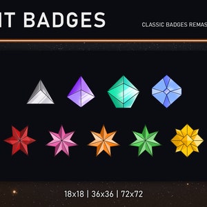 Op de afbeelding: Een set van negen digitale badges in verschillende kleuren en vormen, waaronder een zilveren driehoek, een paarse piramide, een groene vijfhoek, een blauw vierkant, een rode ster, een roze ster, een oranje ster, een groene ster en een gouden ster. De badges zijn gelabeld met "BIT BADGES" en "CLASSIC BADGES REMASTERED".
