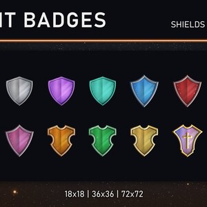 May include: Set of ten digital shield badges in various colors and designs, including silver, purple, teal, blue, red, pink, orange, green, gold, and purple with a cross. The badges are in three sizes: 18x18, 36x36, and 72x72 pixels. The text "SHIELDS BITS" is at the top of the image.