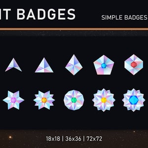 Puede incluir: Colección de insignias de bits geométricas en varias formas, incluyendo triángulos y diamantes. Las insignias presentan un diseño iridiscente y colorido. El texto dice "BIT BADGES" y "SIMPLE BADGES 3 V2".