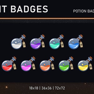 May include: Set of eight potion bottle badges in various colors, including white, purple, blue, green, red, pink, orange, and yellow. The badges are in three sizes: 18x18, 36x36, and 72x72.