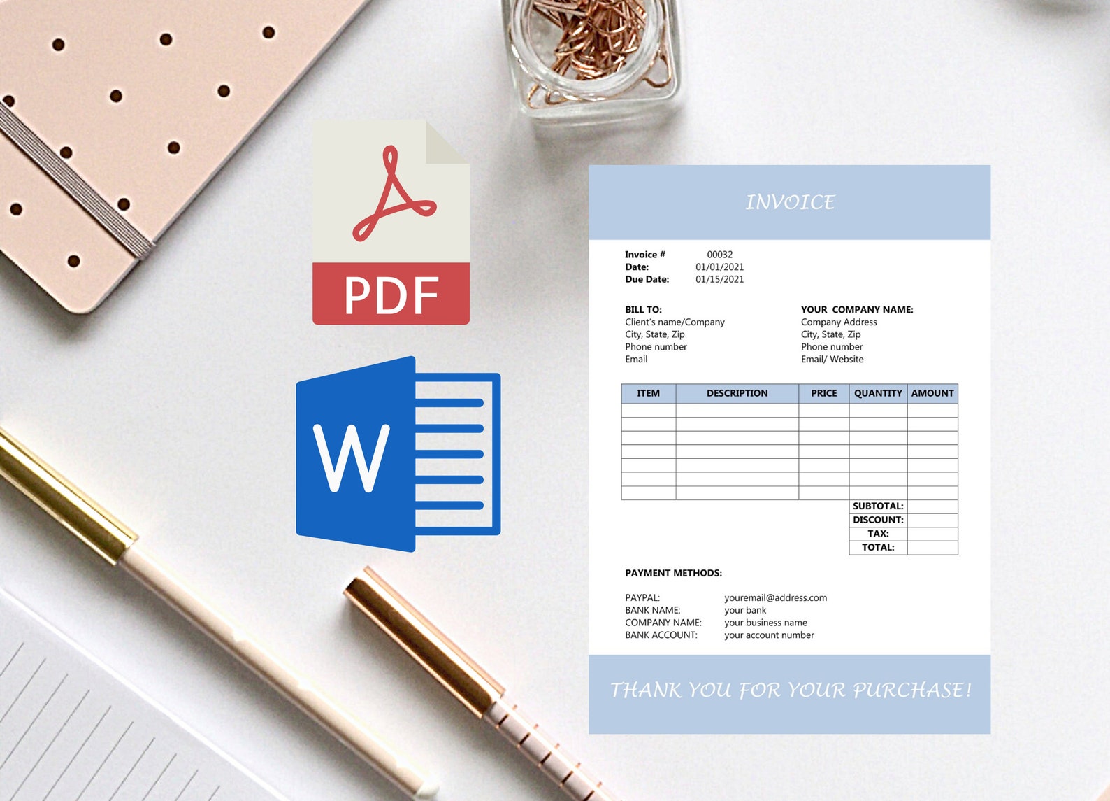 Blue Invoice template Invoice template word and PDF Editable | Etsy