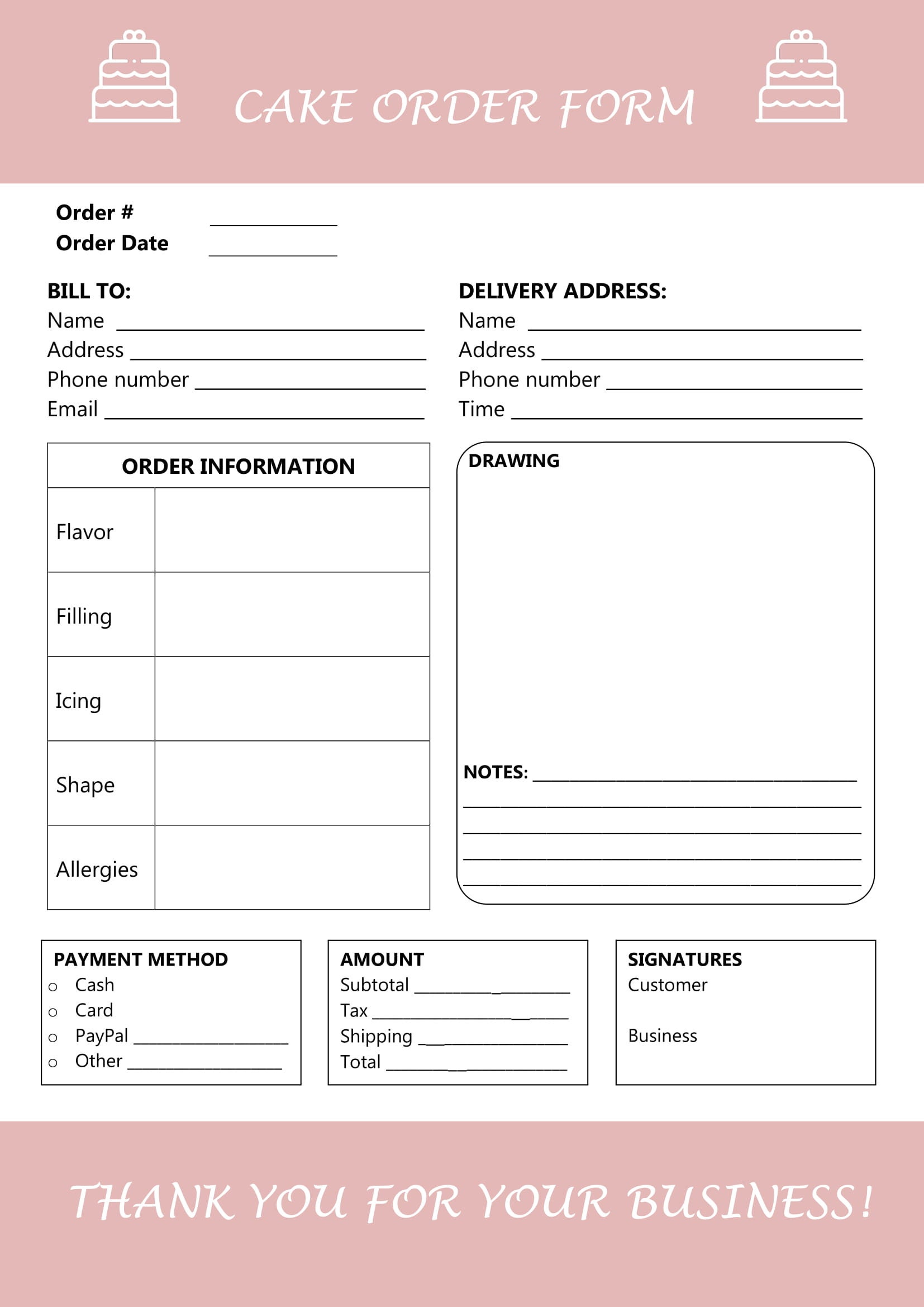 Cake Order Form Editable Template Bakery Order Form Receipt Home Cake Order Form Editable Template Bakery Order Form Receipt Home