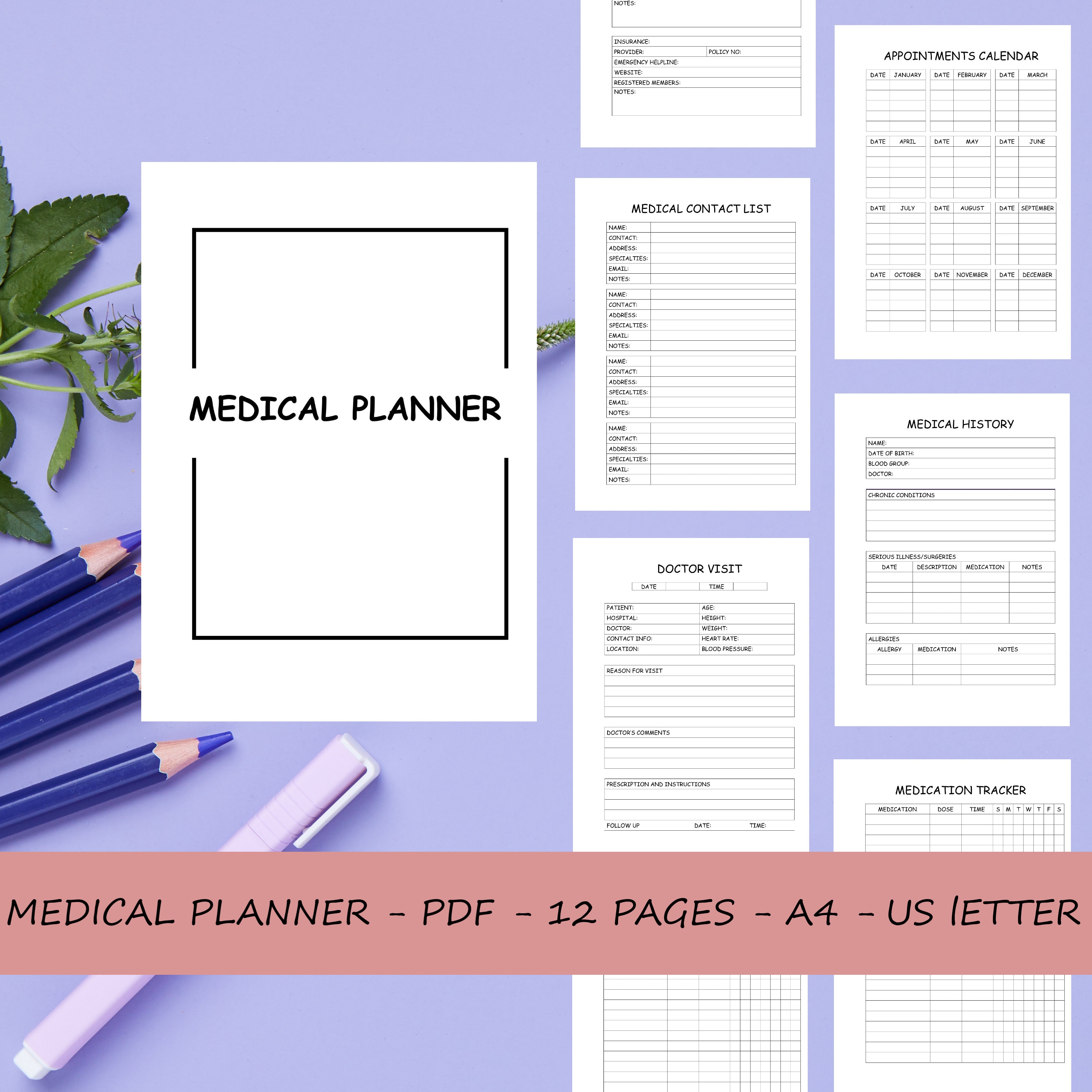 Medical Planner Printable Medical History Health Care Etsy Canada