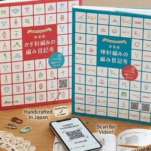 May include: A two-book bundle for crochet and knitting featuring red and teal covers with grid patterns of craft symbols. The set includes a smartphone displaying a QR code for video tutorials, a wooden crochet hook, and a knitted swatch.