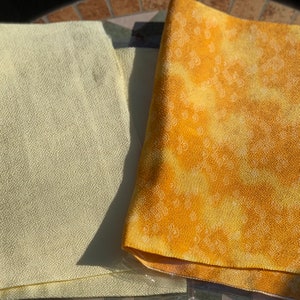 以下が含まれることがあります： 2つの生地見本、1つは薄い黄色で微妙な質感、もう1つは明るい黄色で白い模様があります。