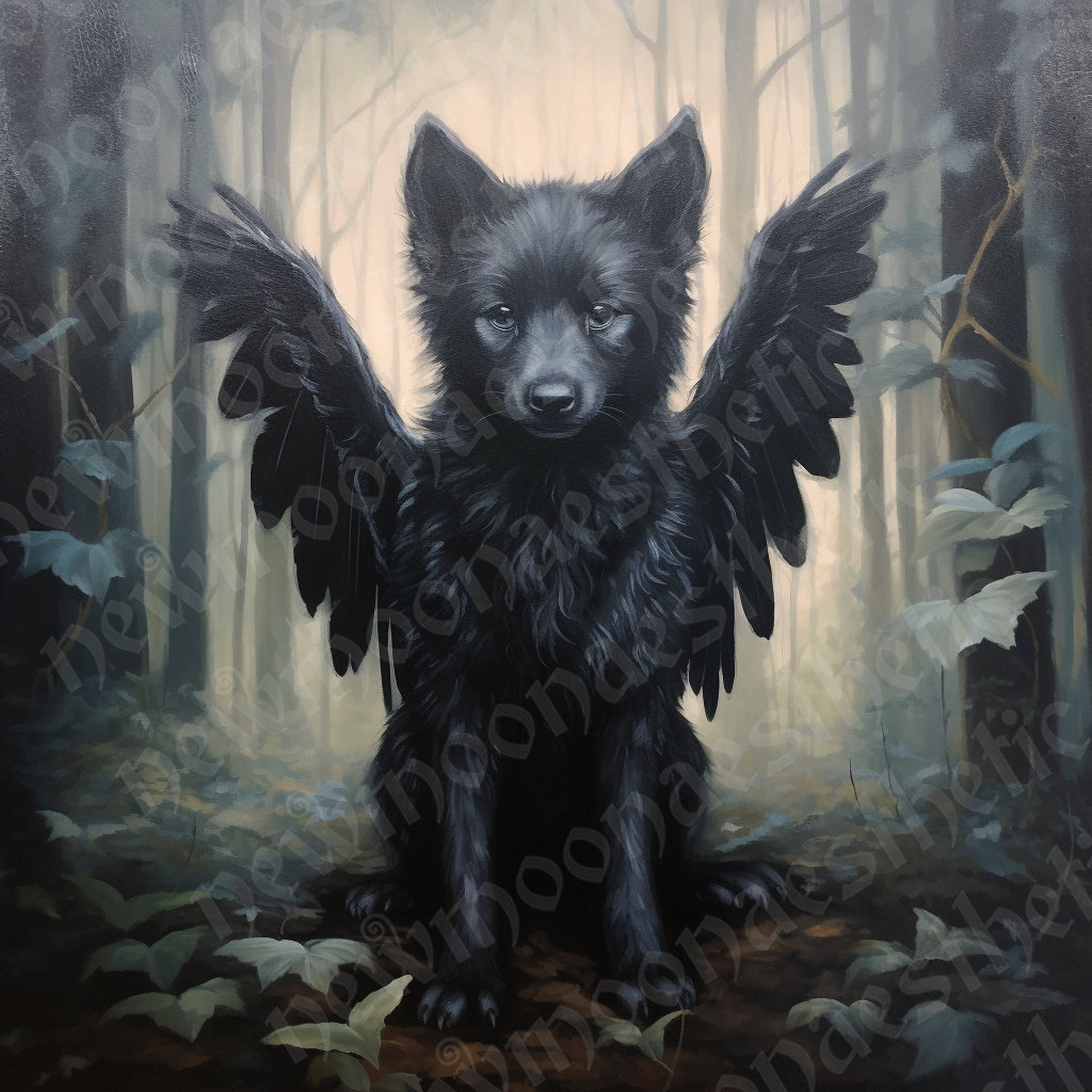 Winged Black Wolf Pup Print / Wall Art Decor / Dark Fantasy Painting / Baby  Wolf Puppy