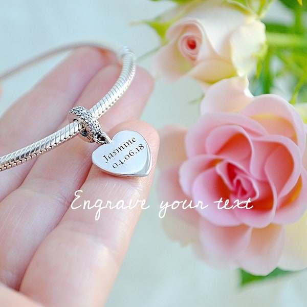 Personalized dangle heart charm, Custom engraved heart charm, Personalized Name Charm, Custom charm individual text, Sterling silver 925