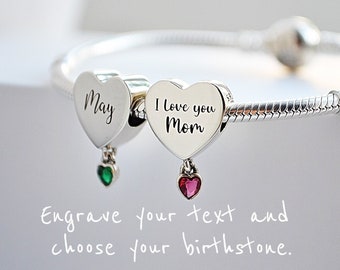 Birthstone heart charm, Custom engraved heart charm, Personalized heart charm, Custom text charm, Sterling silver 925