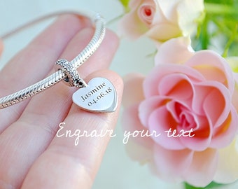 Personalized dangle heart charm, Custom engraved heart charm, Personalized Name Charm, Custom charm individual text, Sterling silver 925