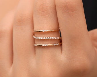 14k (18K Custom) Solid Gold Diamond Triple Band Ring / Stackable Ring / White, Rose or Yellow Gold /