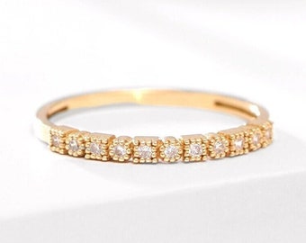 14K Solid Gold Round and Square Diamond Half Eternity Wedding Band /  /Stackable Ring /  White, Yellow or Rose Gold