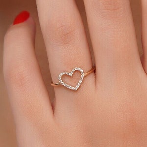 Heart Shaped Solid 14K Gold Diamond Ring / 24 Stone Diamond Ring / White Gold / Yellow Gold / Rose Gold / 14K Mini Heart Ring /