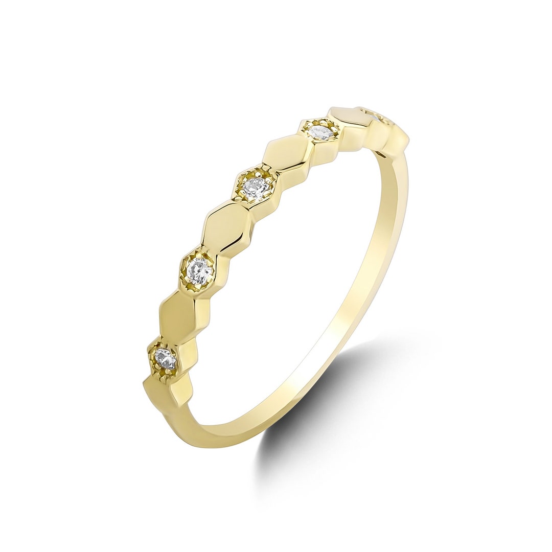 14K Solid Gold Diamond Half Eternity Wedding Band / /stackable Ring ...
