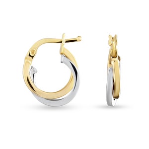 14K Gold Two Tone Double Line Twist Hoop Earrings / 4mm / White, Yellow or Rose Gold /  Gift