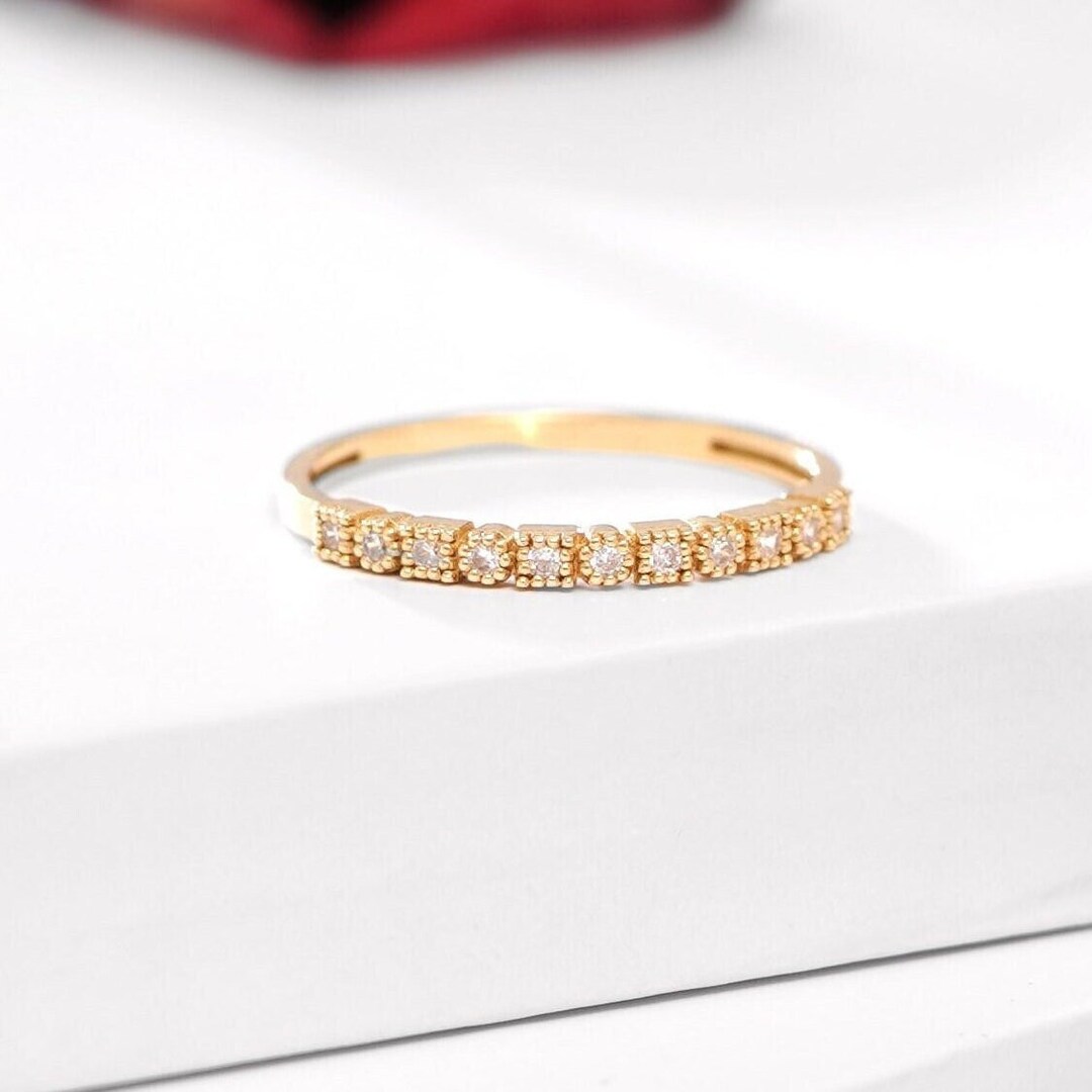 14K Solid Gold Round and Square Diamond Half Eternity Wedding Band ...