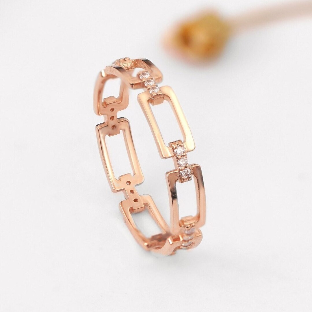 14K Gold Diamond Chain Ring, Gold Stacking Ring, Thick Chain Ring, Long ...