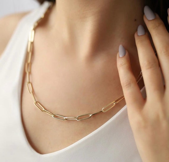 14K Solid Gold Paperclip Chain Necklace 