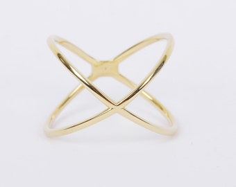 Handmade Solid 14K - 18K Gold X - Ring / Criss Cross / White Gold / Yellow Gold / Rose Gold