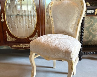 Accent Chair Ivory Color French Louis XV Style Dining Chair in Solid Wood Antique Reproduction Baroque Style in Beige Jacquard Damask