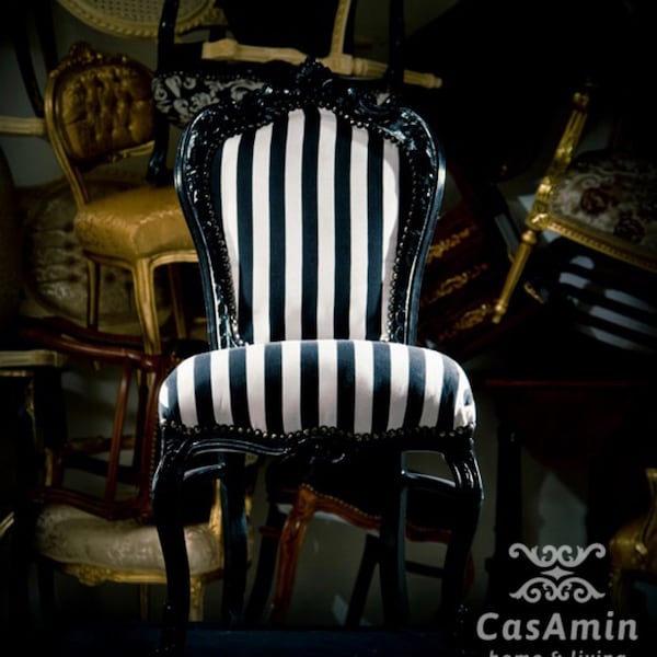 Chaise d'appoint à rayures noires Chaise de style Louis, France Chaise de style baroque rococo Reproduction de chaise de salle à manger de style antique