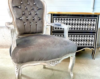 Sessel Französisch Louis Stil Grau Samt Stuhl Antik Stil Silber Finish Barock Rokoko Stil Sessel für Zuhause